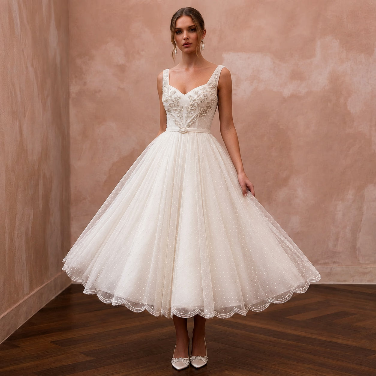 1950s Polka Dot Tulle Ivory Dress for Retro Diner Reception - Apparel & Accessories > Clothing > Wedding & Bridal Party Dresses > Wedding Dresses - Mignonette Bridal Main image