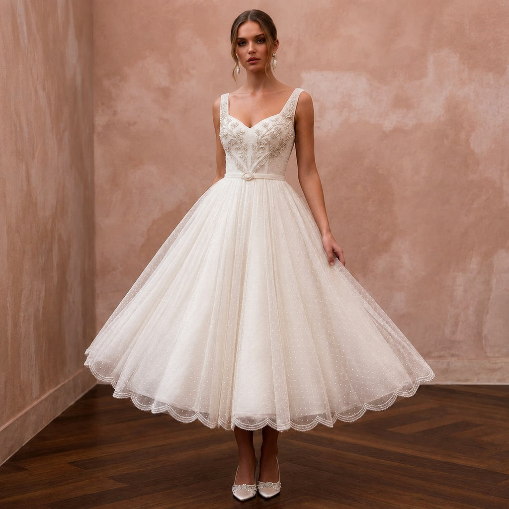 1950s Polka Dot Tulle Ivory Dress for Retro Diner Reception - Apparel & Accessories > Clothing > Wedding & Bridal Party Dresses > Wedding Dresses - Mignonette Bridal