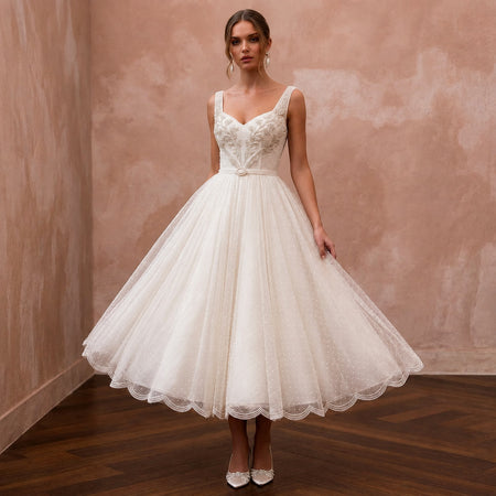 1950s Polka Dot Tulle Ivory Dress for Retro Diner Reception - Apparel & Accessories > Clothing > Wedding & Bridal Party Dresses > Wedding Dresses - Mignonette Bridal
