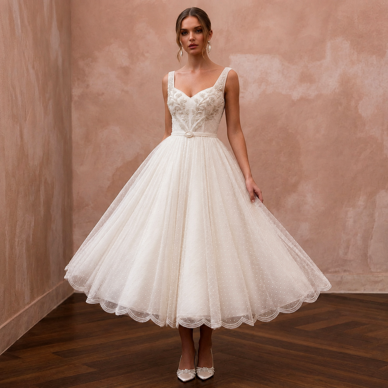 1950s Polka Dot Tulle Ivory Dress for Retro Diner Reception