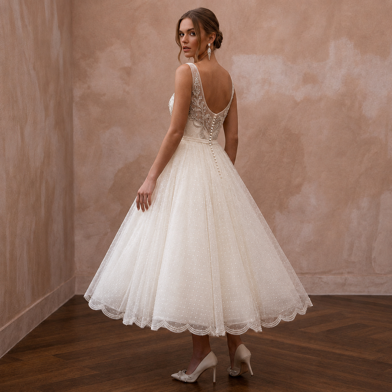 1950s Polka Dot Tulle Ivory Dress for Retro Diner Reception