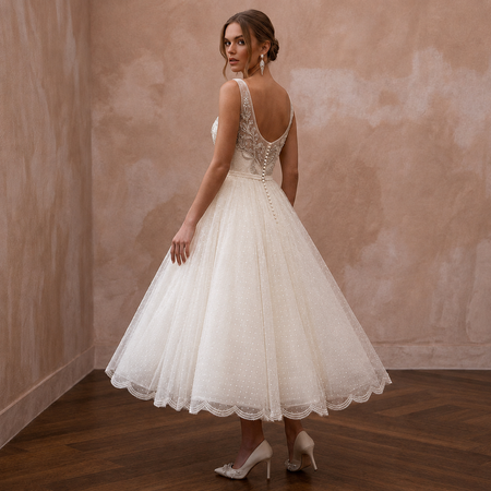 1950s Polka Dot Tulle Ivory Dress for Retro Diner Reception