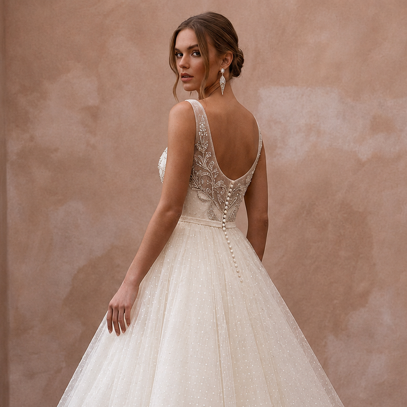 1950s Polka Dot Tulle Ivory Dress for Retro Diner Reception