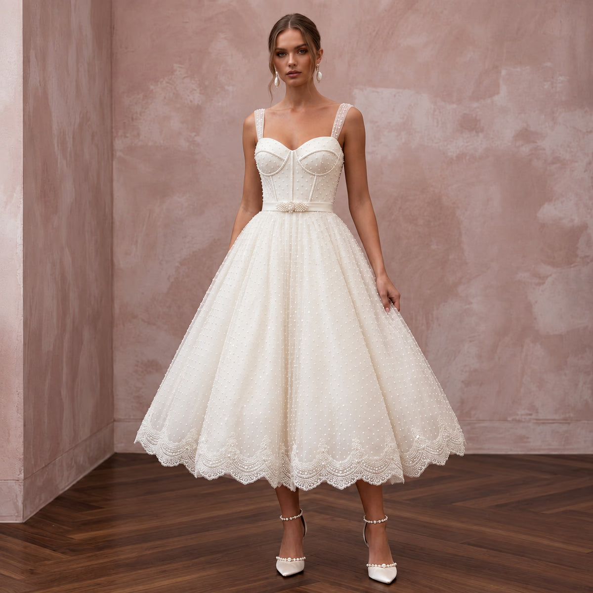 1950s Polka Dot Tulle Ivory Wedding Dress for Retro Diner Reception Main image