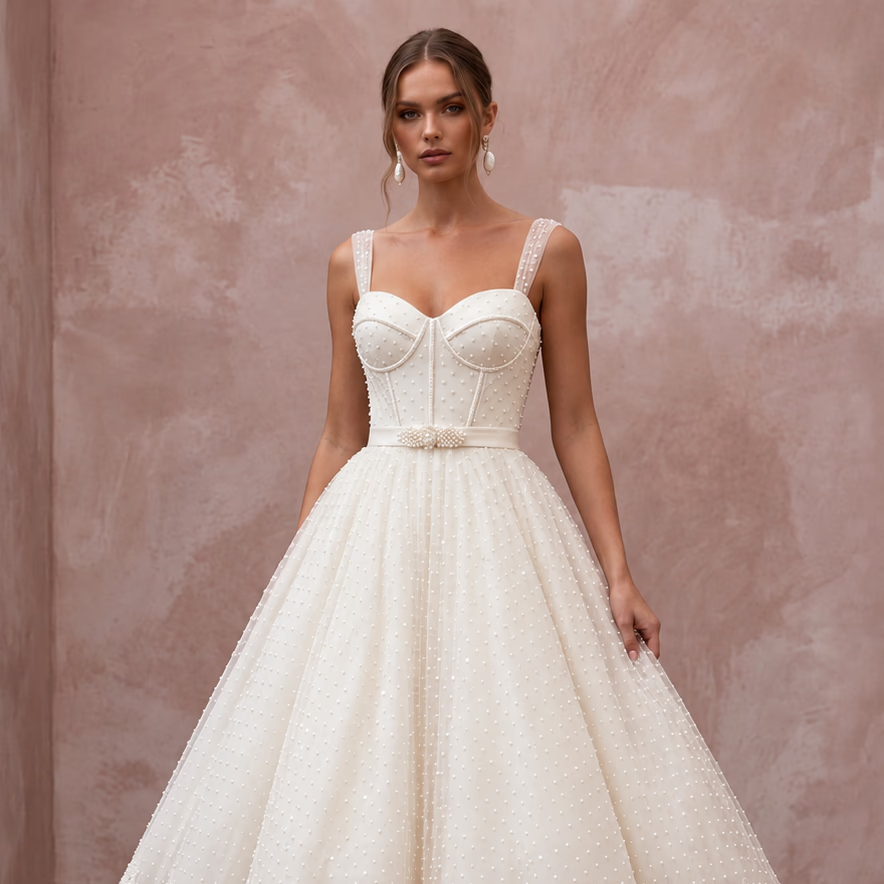 1950s Polka Dot Tulle Ivory Wedding Dress for Retro Diner Reception