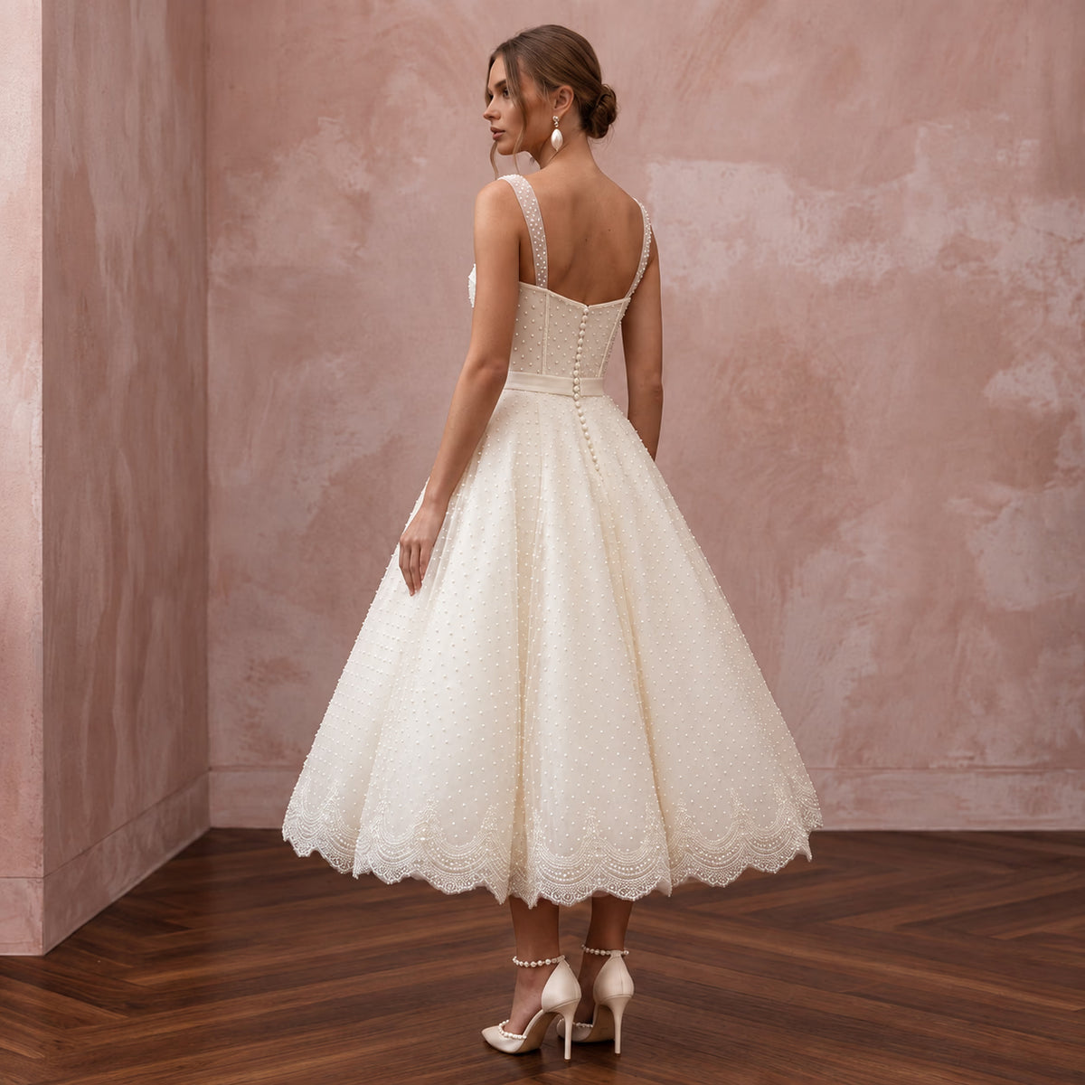 1950s Polka Dot Tulle Ivory Wedding Dress for Retro Diner Reception