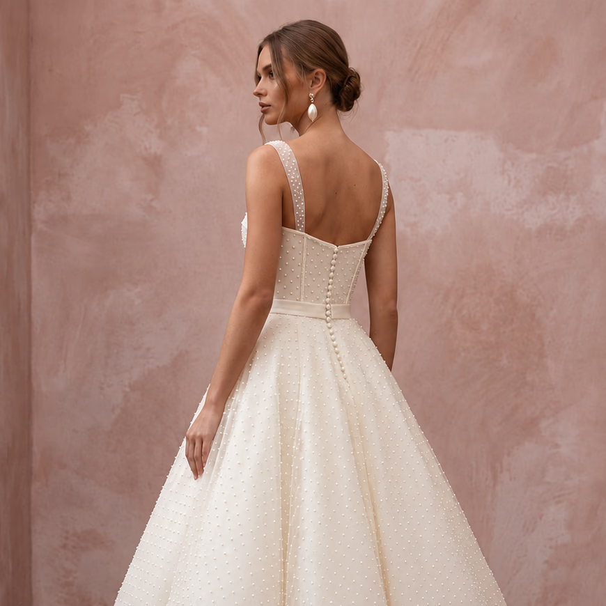 1950s Polka Dot Tulle Ivory Wedding Dress for Retro Diner Reception
