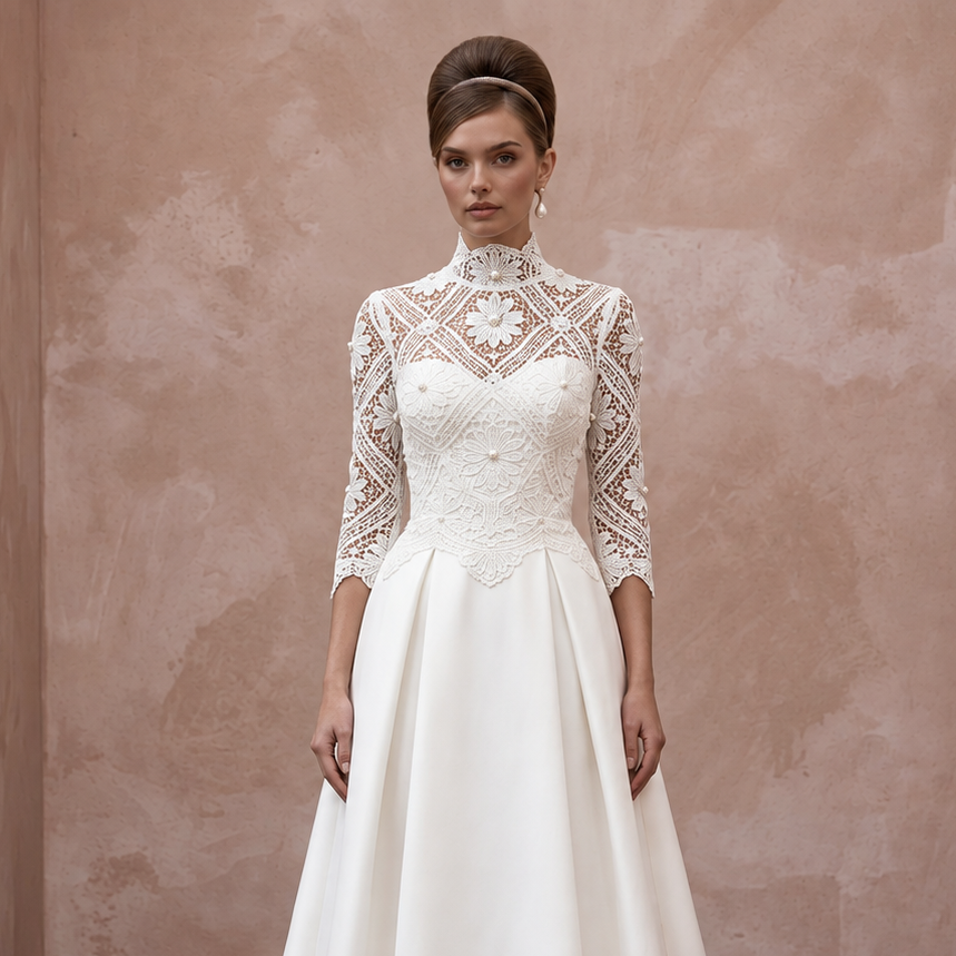 1960s Inspired Lace Wedding Dress with High Neck