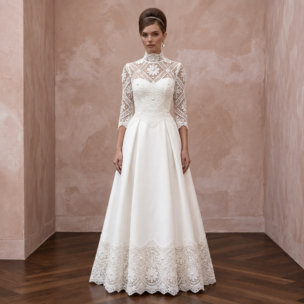 1960s Inspired Lace Wedding Dress with High Neck