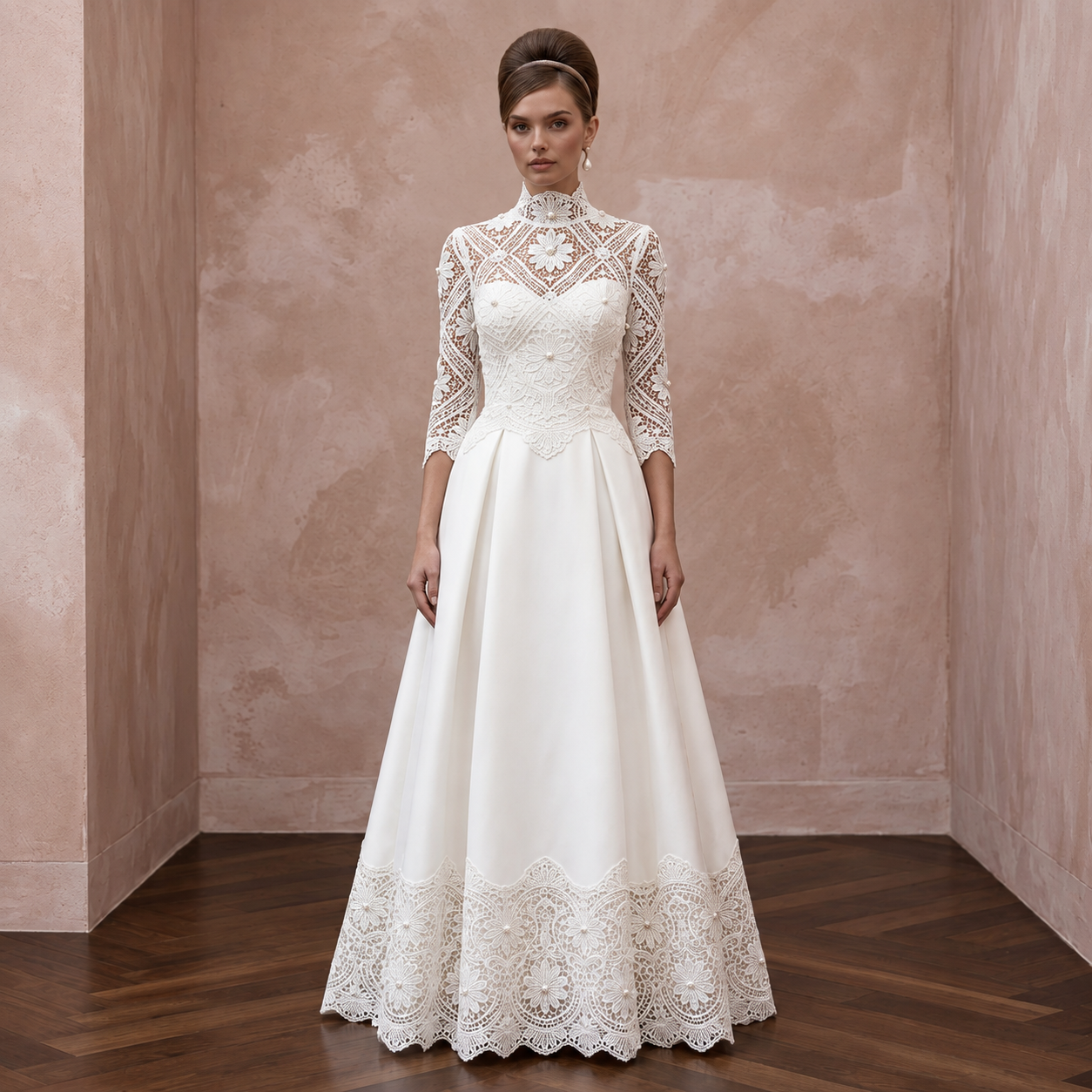 1960s Inspired Lace Wedding Dress with High Neck