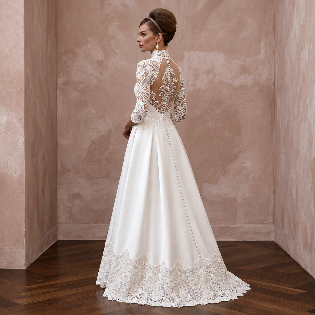 1960s Inspired Lace Wedding Dress with High Neck
