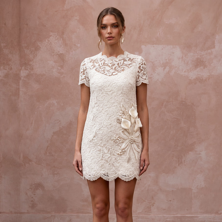 1960s Mod Ivory Lace Mini Shift Bridal Dress for Rehearsal Cocktail Party