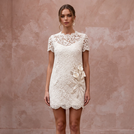 1960s Mod Ivory Lace Mini Shift Bridal Dress for Rehearsal Cocktail Party