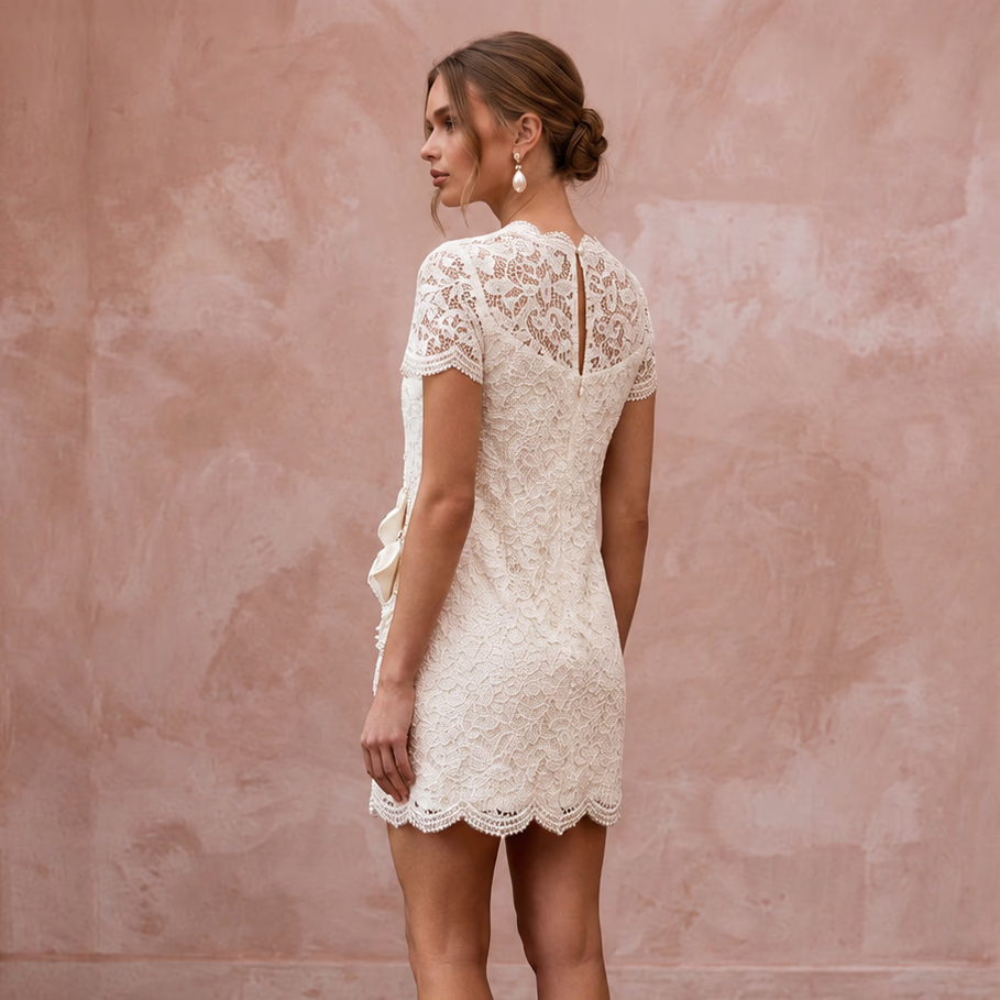1960s Mod Ivory Lace Mini Shift Bridal Dress for Rehearsal Cocktail Party