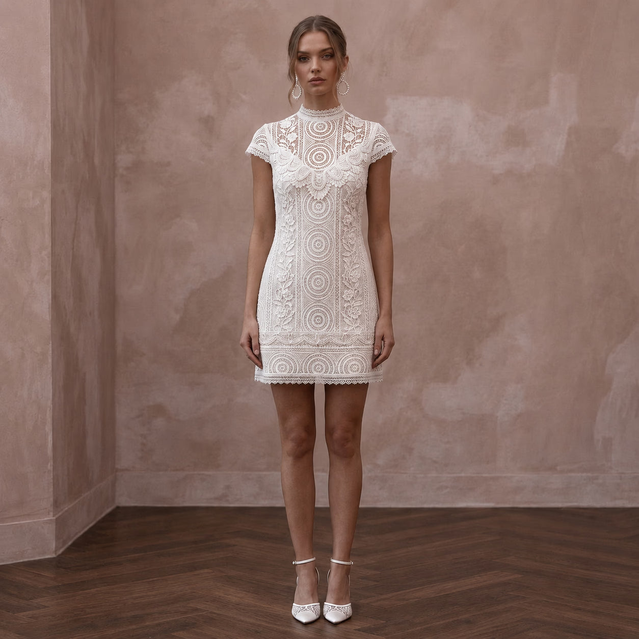 1960s Mod Ivory Lace Mini Shift for Rehearsal Cocktail Party - Apparel & Accessories > Clothing > Wedding & Bridal Party Dresses > Wedding Dresses - Mignonette Bridal Main image