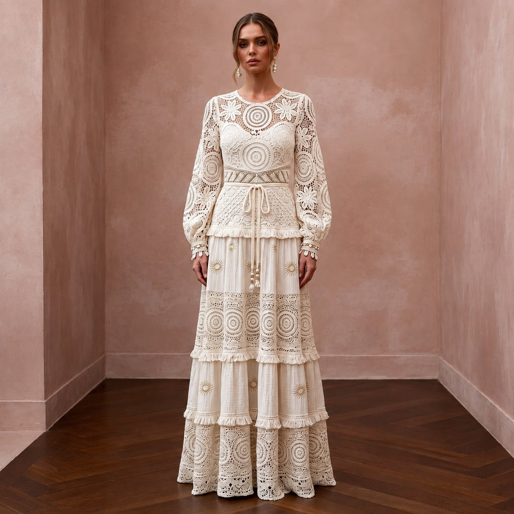 1970s Bohemian Cream Crochet Lace Maxi for Festival Reception - Apparel & Accessories > Clothing > Wedding & Bridal Party Dresses > Wedding Dresses - Mignonette Bridal