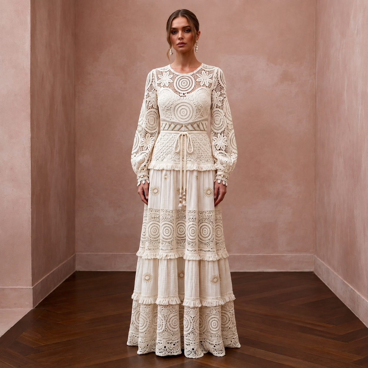 1970s Bohemian Cream Crochet Lace Maxi for Festival Reception