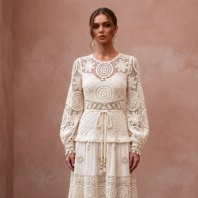 1970s Bohemian Cream Crochet Lace Maxi for Festival Reception