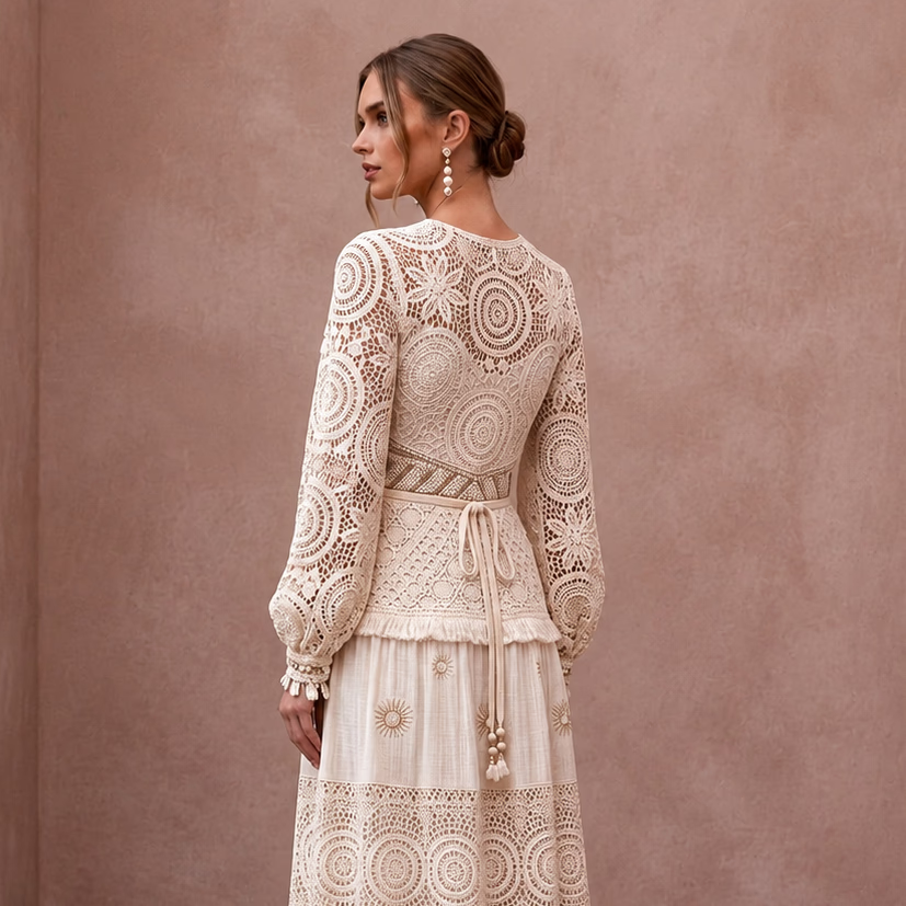 1970s Bohemian Cream Crochet Lace Maxi for Festival Reception - Apparel & Accessories > Clothing > Wedding & Bridal Party Dresses > Wedding Dresses - Mignonette Bridal