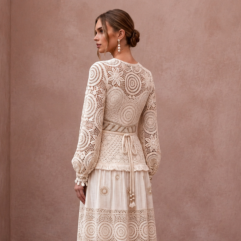 1970s Bohemian Cream Crochet Lace Maxi for Festival Reception
