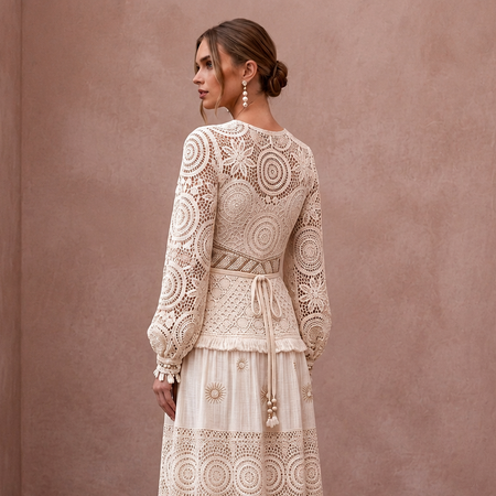 1970s Bohemian Cream Crochet Lace Maxi for Festival Reception
