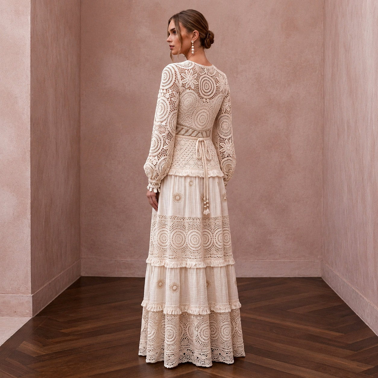 1970s Bohemian Cream Crochet Lace Maxi for Festival Reception