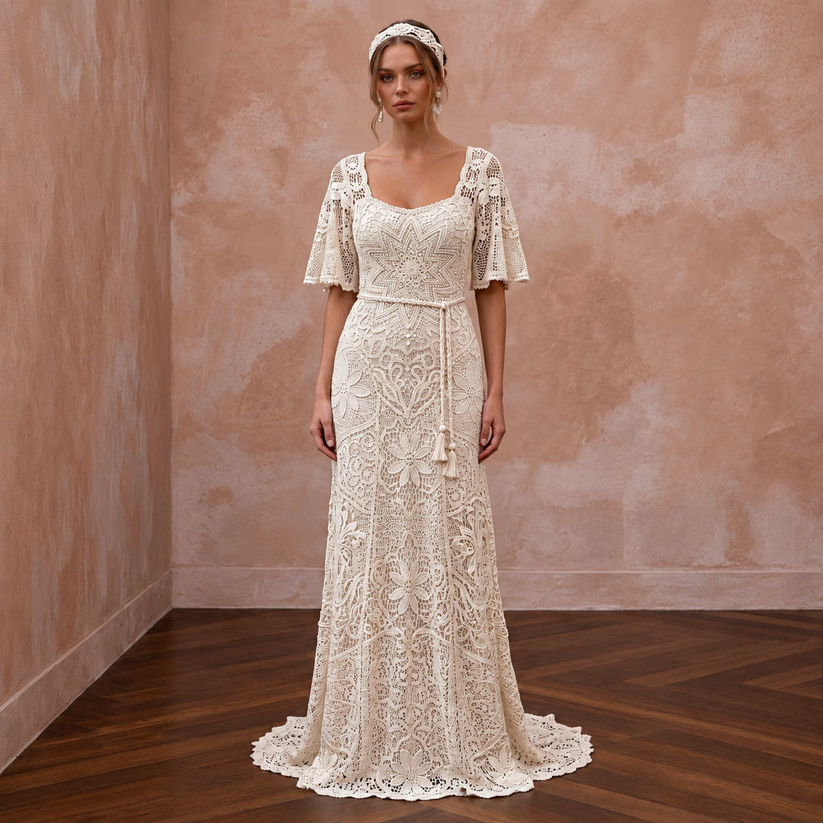 1970s Bohemian Cream Crochet Lace Wedding Dress for Festival Reception
