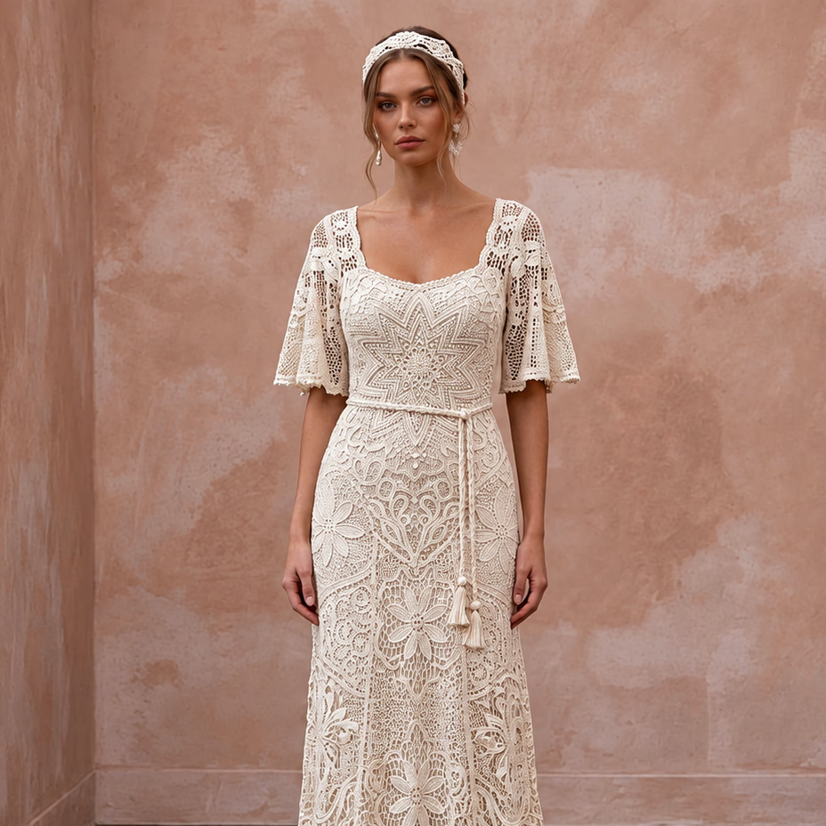 1970s Bohemian Cream Crochet Lace Wedding Dress for Festival Reception