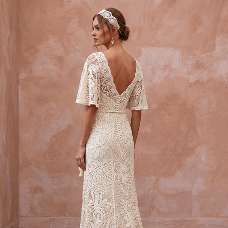 1970s Bohemian Cream Crochet Lace Wedding Dress for Festival Reception