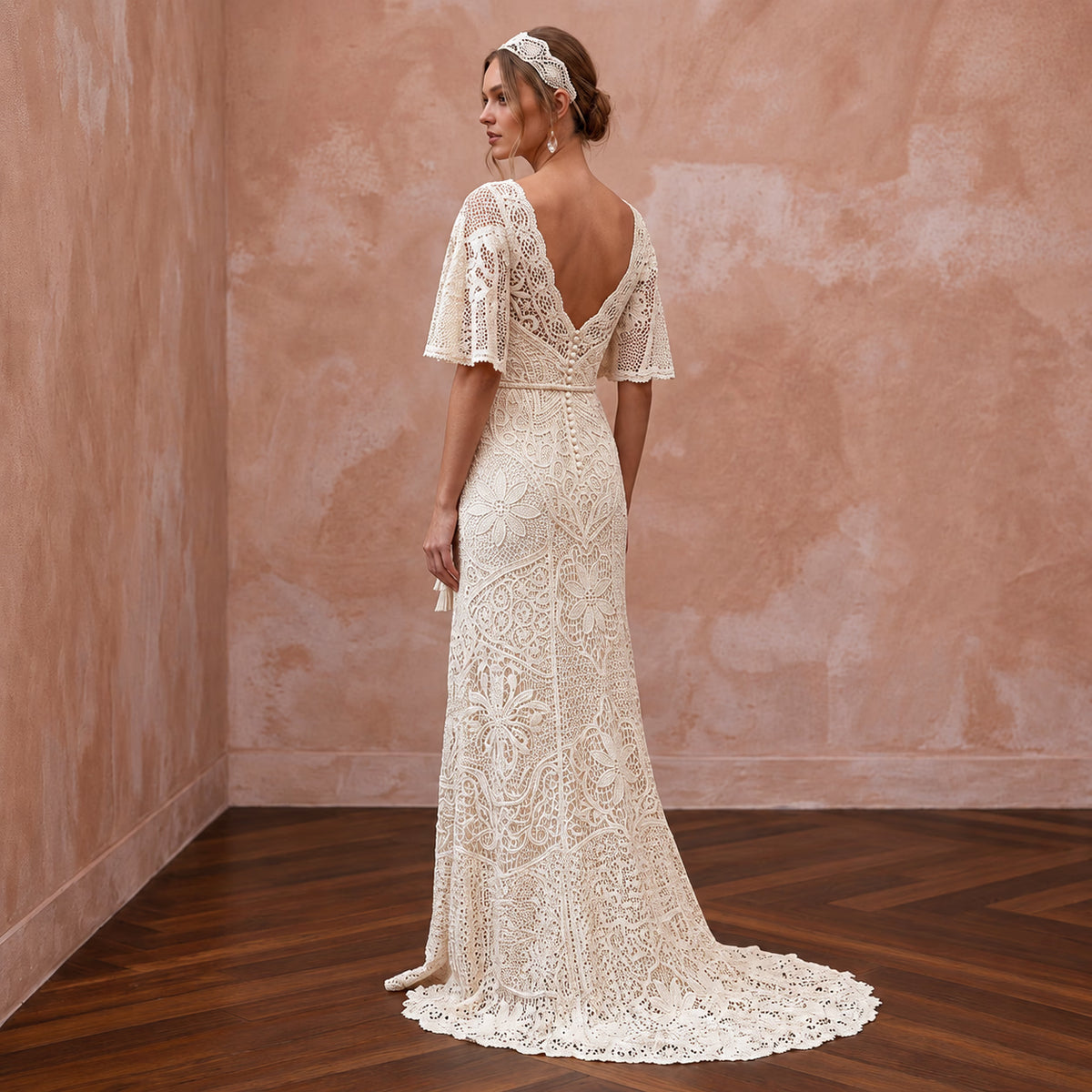 1970s Bohemian Cream Crochet Lace Wedding Dress for Festival Reception
