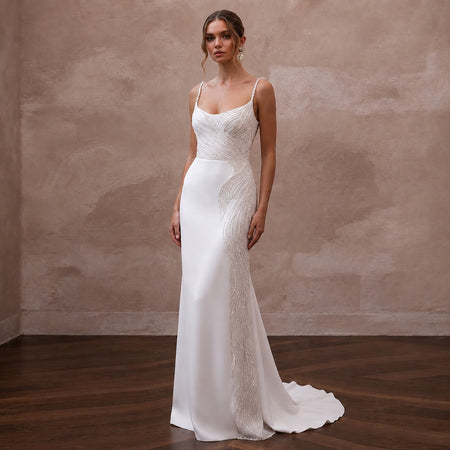 1990s Minimalist White Crepe Slip Dress for Surprise Elopement - Apparel & Accessories > Clothing > Wedding & Bridal Party Dresses > Wedding Dresses - Mignonette Bridal