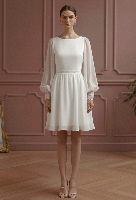 Bishop Sleeve Wedding Dress Chiffon Short Boho Romantic Gown Secondary image