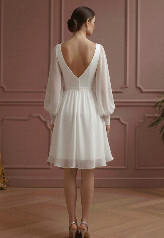 Bishop Sleeve Wedding Dress Chiffon Short Boho Romantic Gown