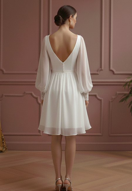 Bishop Sleeve Wedding Dress Chiffon Short Boho Romantic Gown