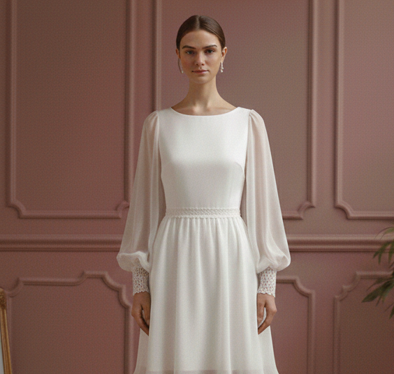 Bishop Sleeve Wedding Dress Chiffon Short Boho Romantic Gown