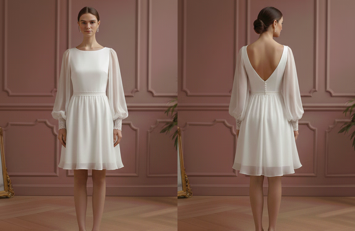 Bishop Sleeve Wedding Dress Chiffon Short Boho Romantic Gown Main image
