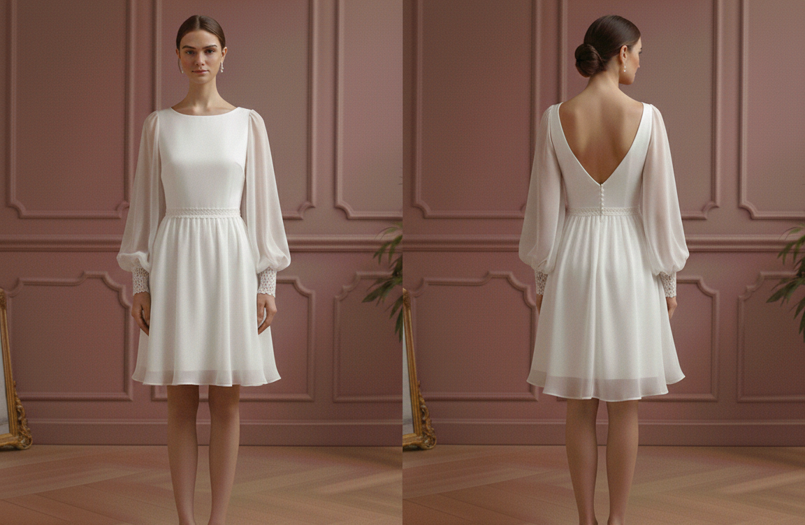 Bishop Sleeve Wedding Dress Chiffon Short Boho Romantic Gown Main image