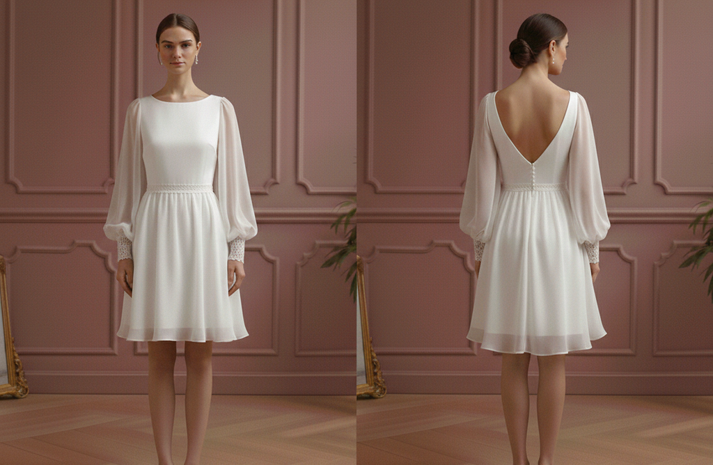 Bishop Sleeve Wedding Dress Chiffon Short Boho Romantic Gown