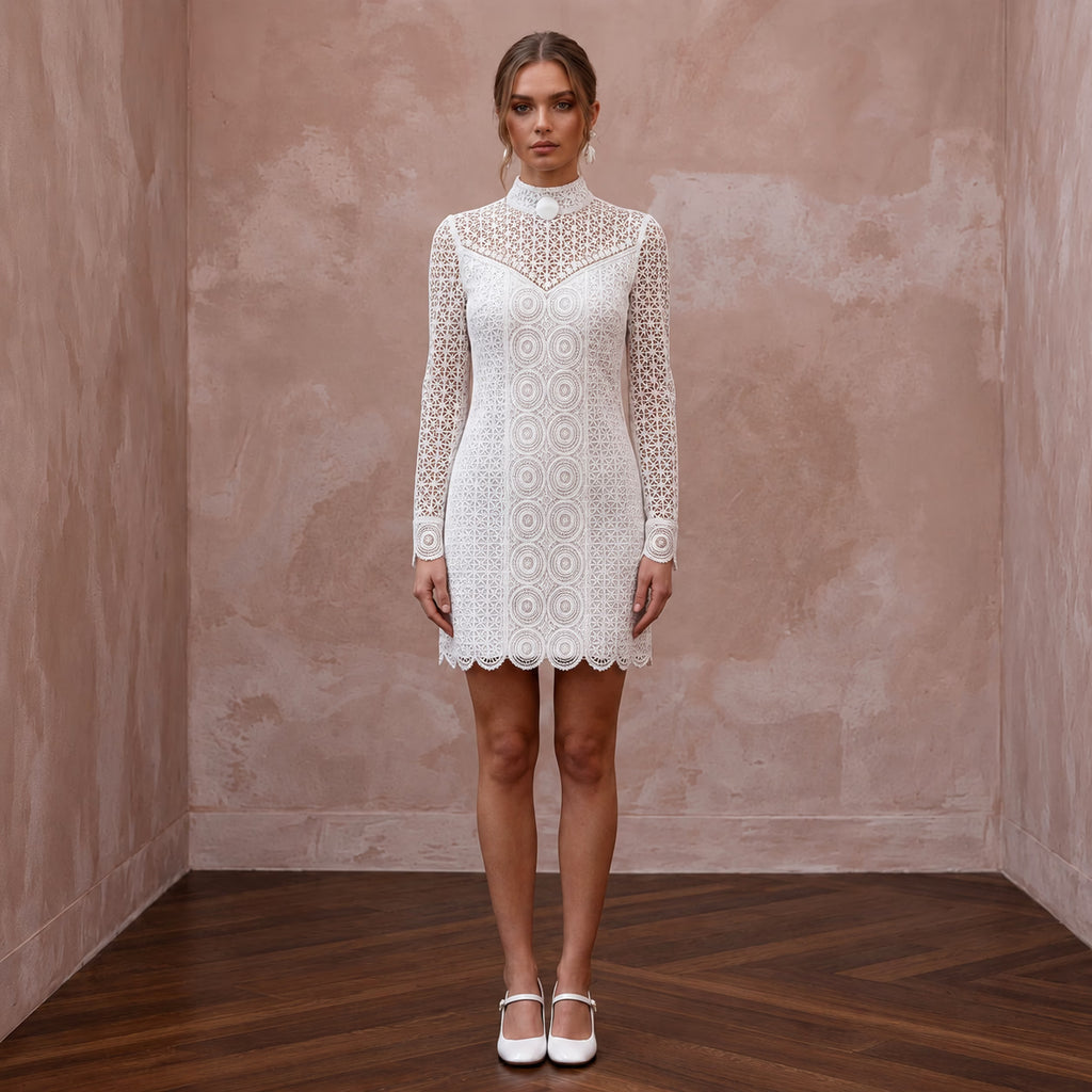 60s Mod White Lace Mini Bridal Dress for Vow Renewal Photoshoot - Apparel & Accessories > Clothing > Wedding & Bridal Party Dresses > Wedding Dresses - Mignonette Bridal