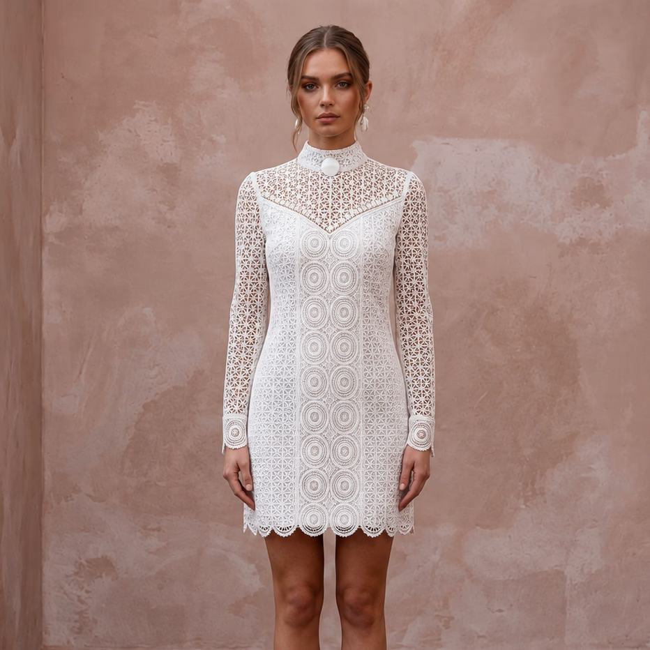 60s Mod White Lace Mini Bridal Dress for Vow Renewal Photoshoot - Apparel & Accessories > Clothing > Wedding & Bridal Party Dresses > Wedding Dresses - Mignonette Bridal