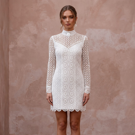 60s Mod White Lace Mini Bridal Dress for Vow Renewal Photoshoot - Apparel & Accessories > Clothing > Wedding & Bridal Party Dresses > Wedding Dresses - Mignonette Bridal