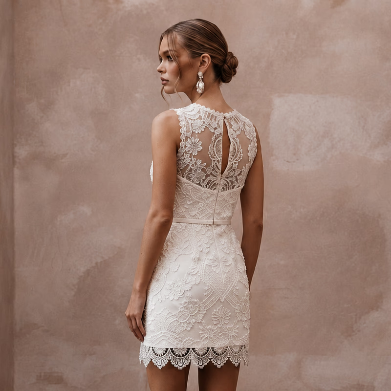 60s Mod White Lace Mini Dress for Vow Renewal Photoshoot - Apparel & Accessories > Clothing > Wedding & Bridal Party Dresses > Wedding Dresses - Mignonette Bridal