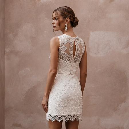 60s Mod White Lace Mini Dress for Vow Renewal Photoshoot - Apparel & Accessories > Clothing > Wedding & Bridal Party Dresses > Wedding Dresses - Mignonette Bridal