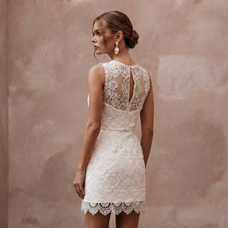 60s Mod White Lace Mini Dress for Vow Renewal Photoshoot