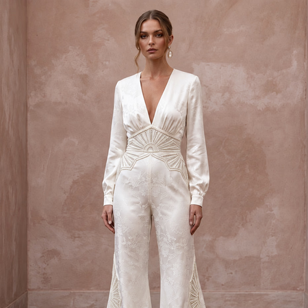 70s-Inspired Ivory Flared Satin Bridal Jumpsuit for Disco Rehearsal