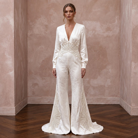70s-Inspired Ivory Flared Satin Bridal Jumpsuit for Disco Rehearsal