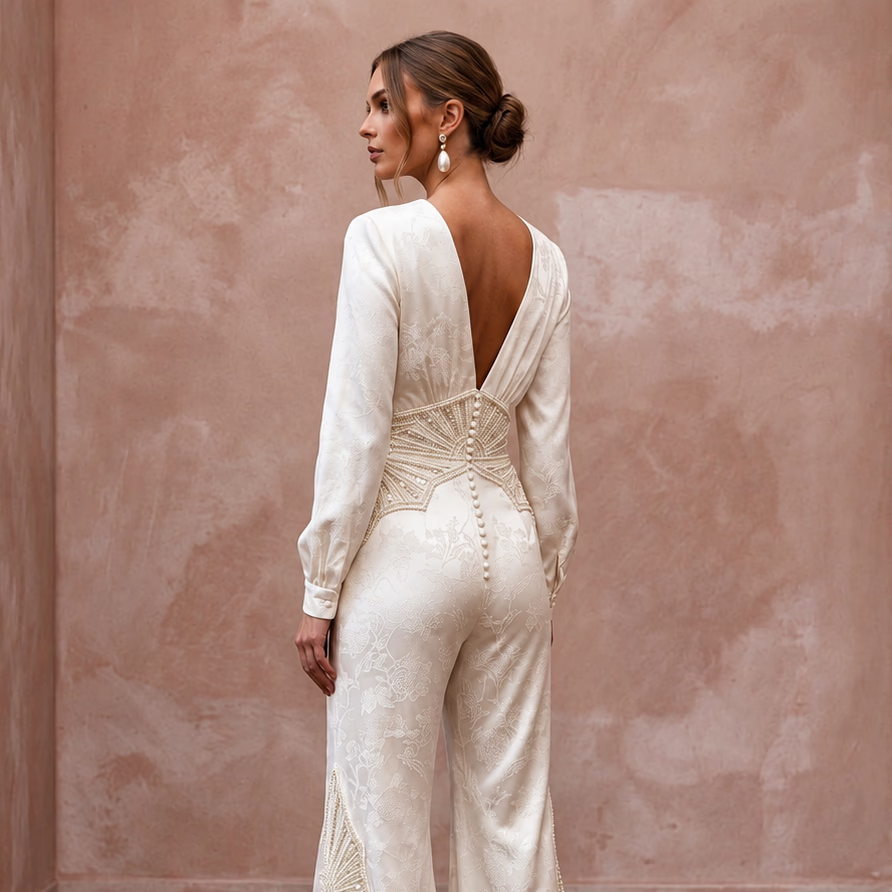 70s-Inspired Ivory Flared Satin Bridal Jumpsuit for Disco Rehearsal
