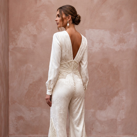 70s-Inspired Ivory Flared Satin Bridal Jumpsuit for Disco Rehearsal