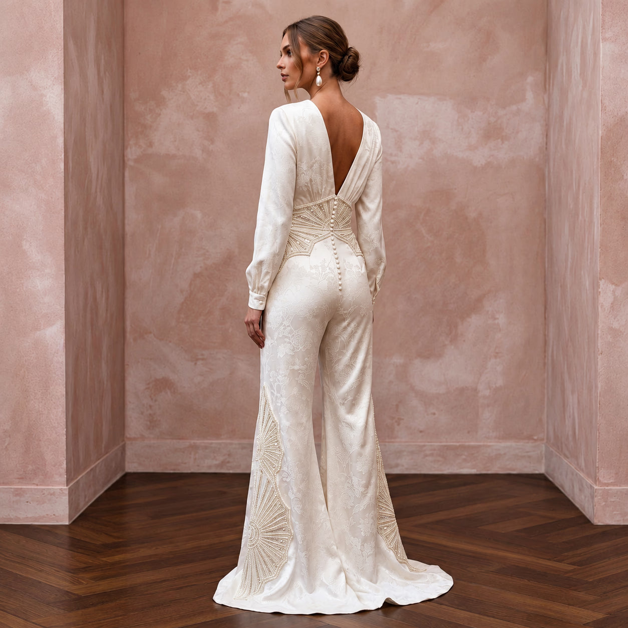 70s-Inspired Ivory Flared Satin Bridal Jumpsuit for Disco Rehearsal Secondary image