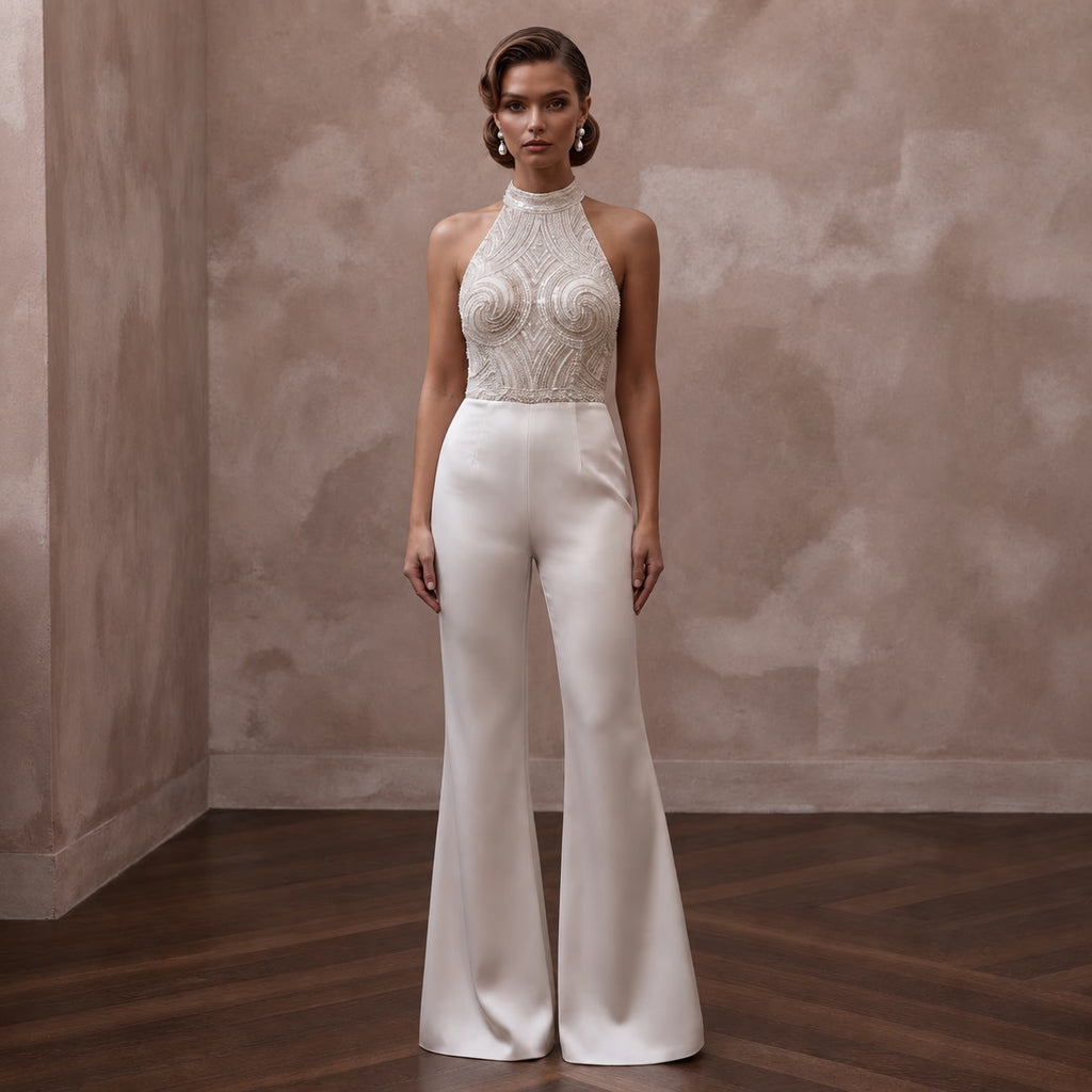70s - Inspired Ivory Flared Satin Jumpsuit for Disco Rehearsal - Apparel & Accessories > Clothing > Wedding & Bridal Party Dresses > Wedding Dresses - Mignonette Bridal